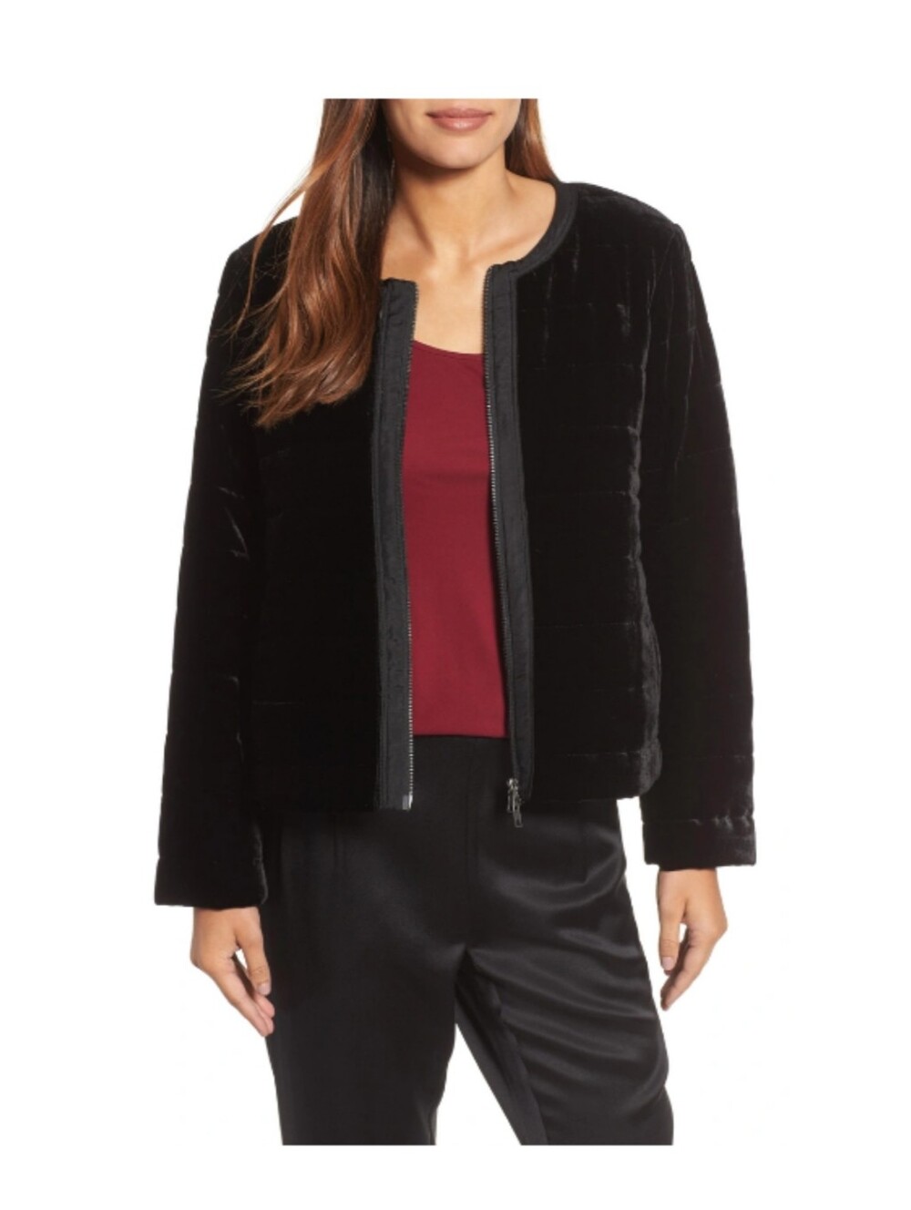 Eileen Fisher Quilted Velvet Bomber Jacket Size Small Black Rayon Silk Medium